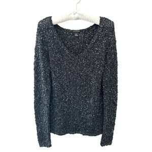 CLUB MONACO | Textured Knit Sweater Charcoal Gray Open Knit V-Neck | Medium